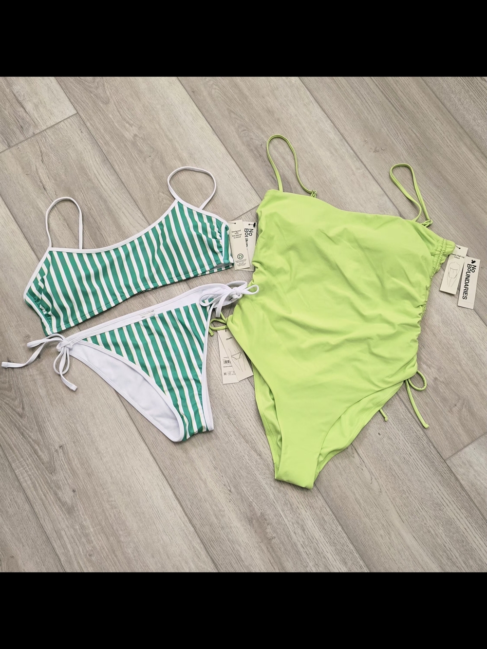 NEW! No Boundaries Green Striped Bikini Set & Lime One-Piece Swimsuit
